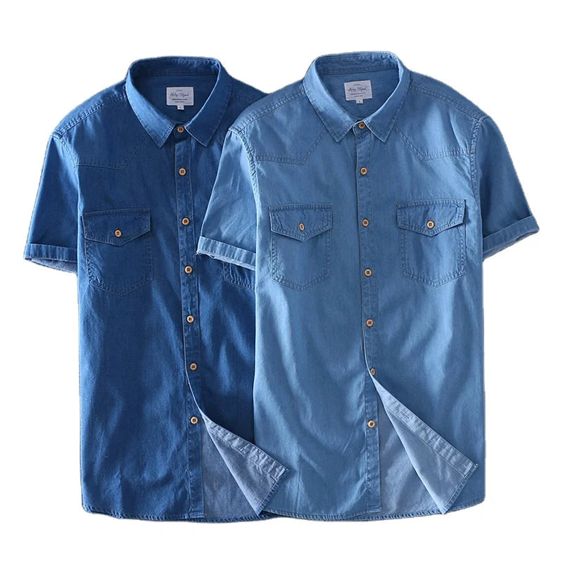 RNSHANGER Summer 100% Cotton Men Short Sleeved Denim Thin Shirt Soft Slim Jeans Solid Color Turn-down Collar Shirt With Pocket
