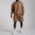 Simple Design Heavyweight Men Round Neck Long Sleeve Cotton Plain Pullover Sweatshirt Jogger Shorts Tracksuit Two Piece Sets