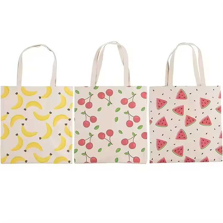 Wholesale Eco-friendly Handled Foldable Canvas Tote Bag with Customized Fruit and Letter Designs Customized Logo MOQ 100pcs