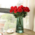 12 Pieces Artificial Red Roses Flowers Long Stem Faux Silk Rose for Home Wedding Decorations (Red)