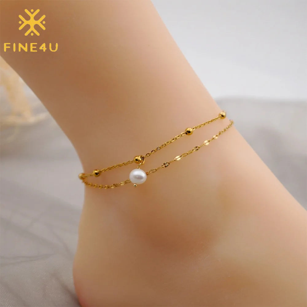 Non Tarnish Fashion Jewelry Stainless Steel 18K Gold Plated Layered Bracelet Natural Freshwater Pearl Anklets for Woman