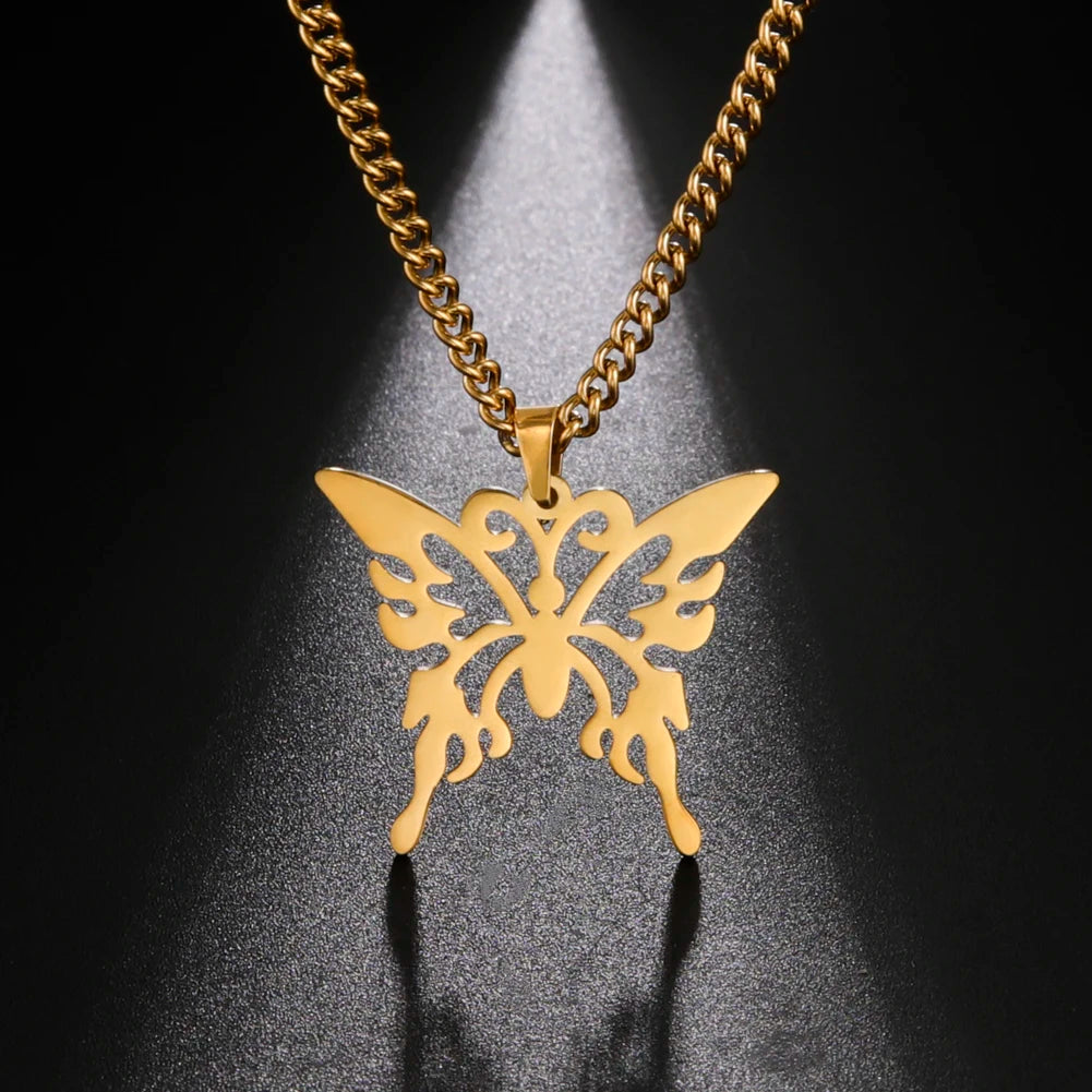 2025 Trend Cute Stainless Steel Butterfly Hollow Pendant Necklace with Link Chain Women's Girls' Christmas Jewelry Gift