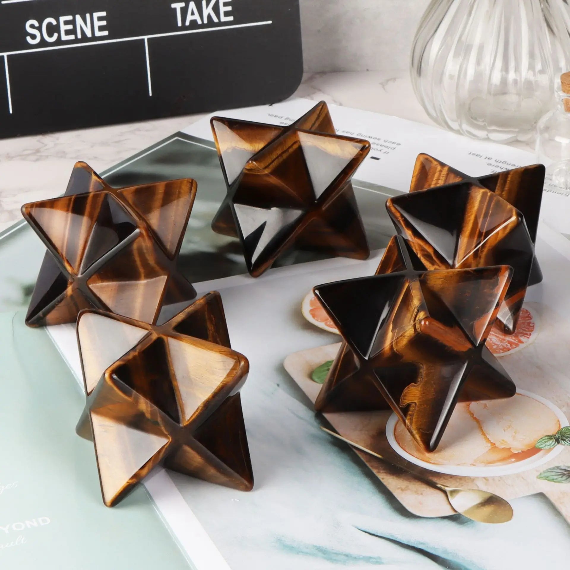 Huiying Wholesale Yellow Tiger Eye Merkaba Star Crystal Merkaba 12 Point Natural Energy Star