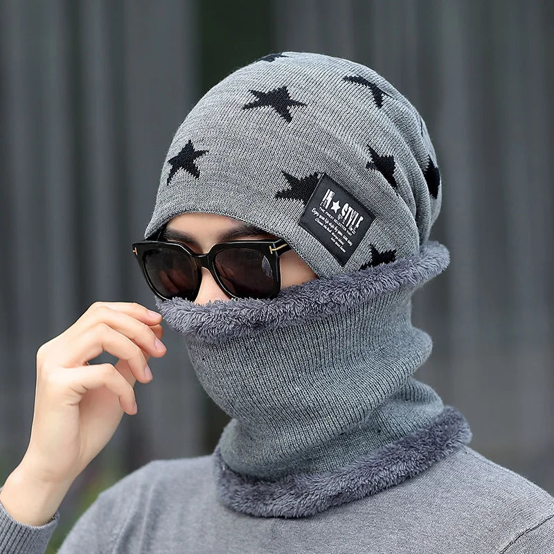 Windproof Thicken Outdoor Knitted Winter Warm Man Hat and Scarf Sets