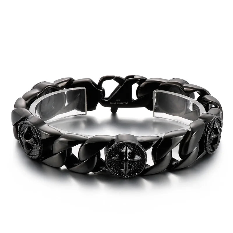 KALEN Mens 220mm Black Punk Stainless Steel Arrow Cross Link Bracelets