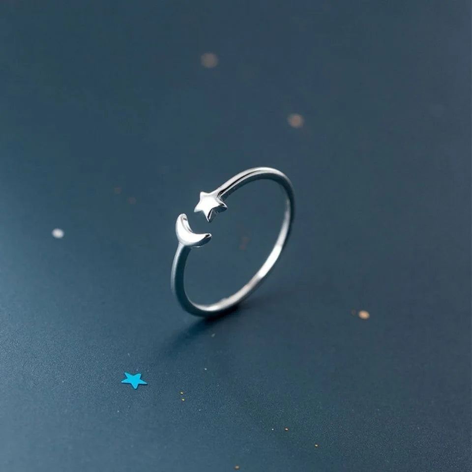 S925 Sterling Silver Fashion Adjustable Ring Personality Opening Star Moon Smart Ring Temperament Fine Jewelry Rings for Girls