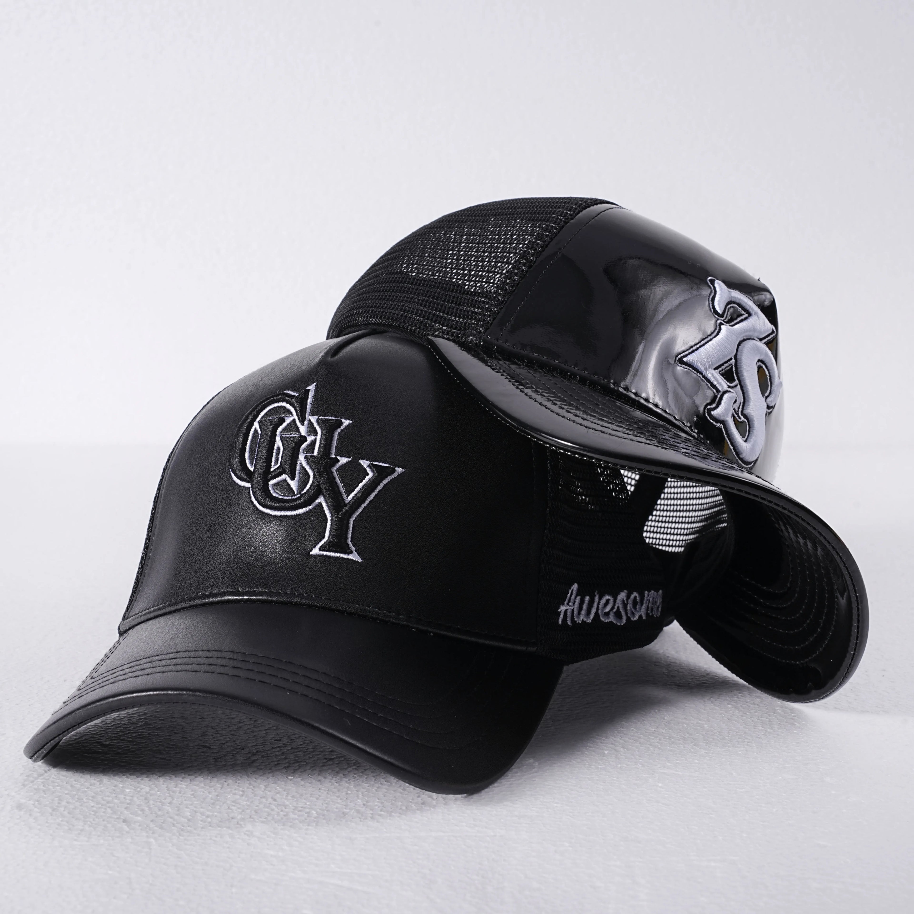 Vintage 5 Panel Fitted Trucker Hat with Leather Curved Brim Embroidery Logo Hip Hop Casual Outdoor Style Wholesale Common Fabric