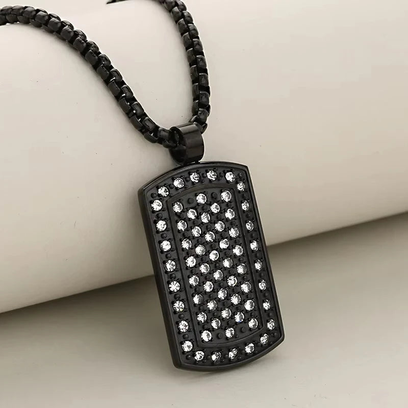 Men's Customizable Gothic Luxury dog tag Necklace Square Pendant Bling Hip Hop Style Full Rhinestone Stainless Steel for Parties
