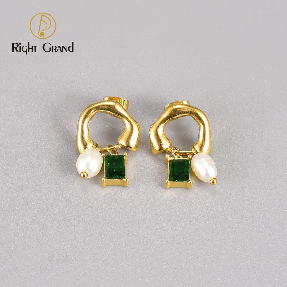 Vintage Inlaid Zircon Green Rectangular Natural Freshwater Pearl Pendant Stainless Steel 18k Gold Earrings Jewelry