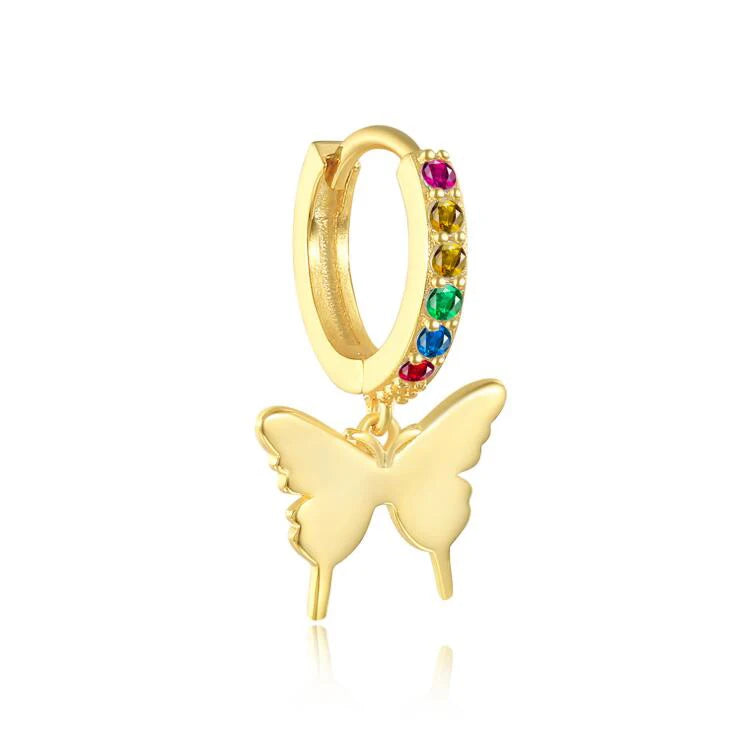 925 Sterling Silver Women Bohemian Rainbow Colored Zircon Gemstone Small Huggie Hoop Earrings With Butterfly