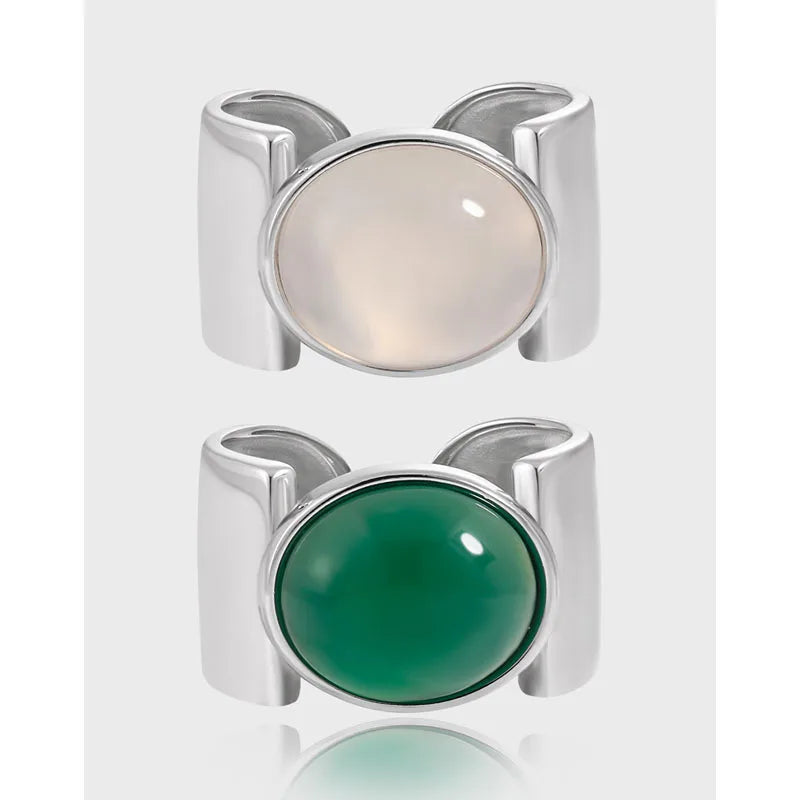 Bijoux Fashion 925 Sterling Silver Wide Chunky White Agate Green Chalcedony Rings for Women 925 Sterling Silver Luxury Jewelry