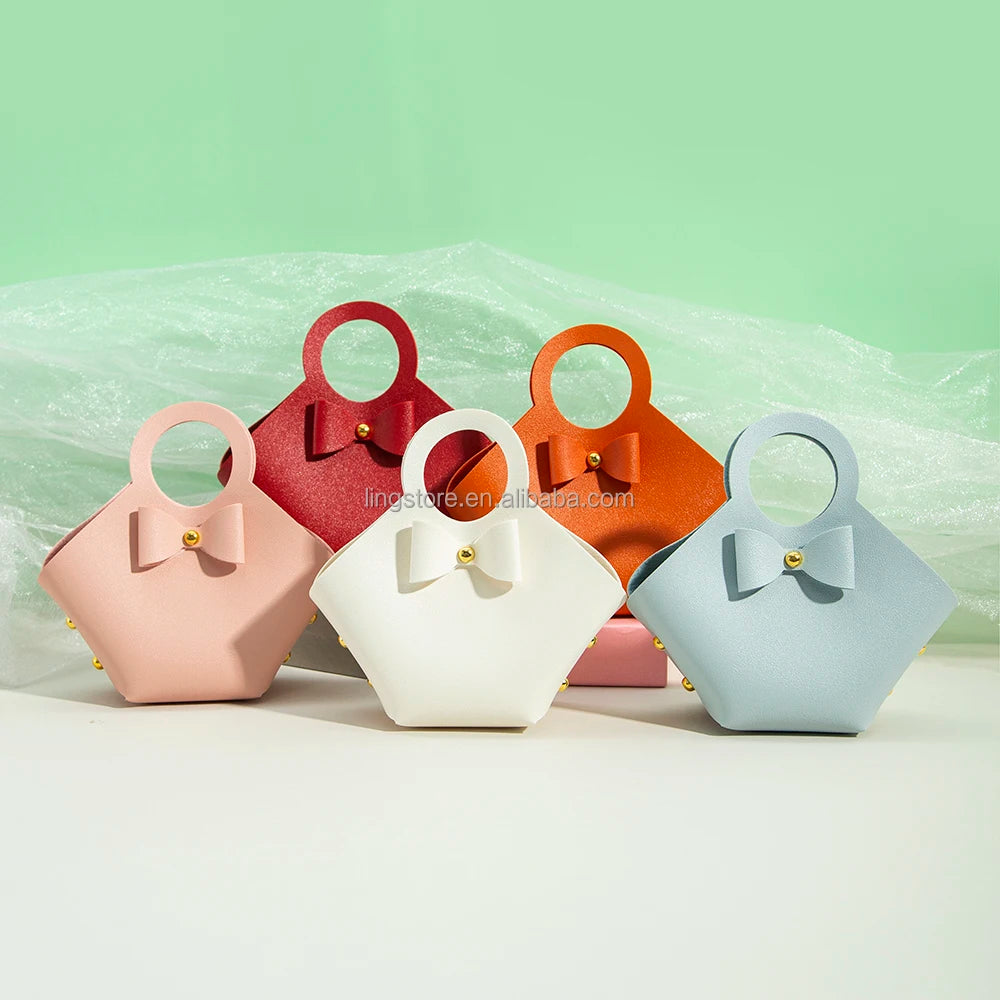 Ins Style Creative Cute Handbag Shape Jewelry Bag Portable Wedding Favor Return Gift Faux Leather Candy Box Bag with Bowknot