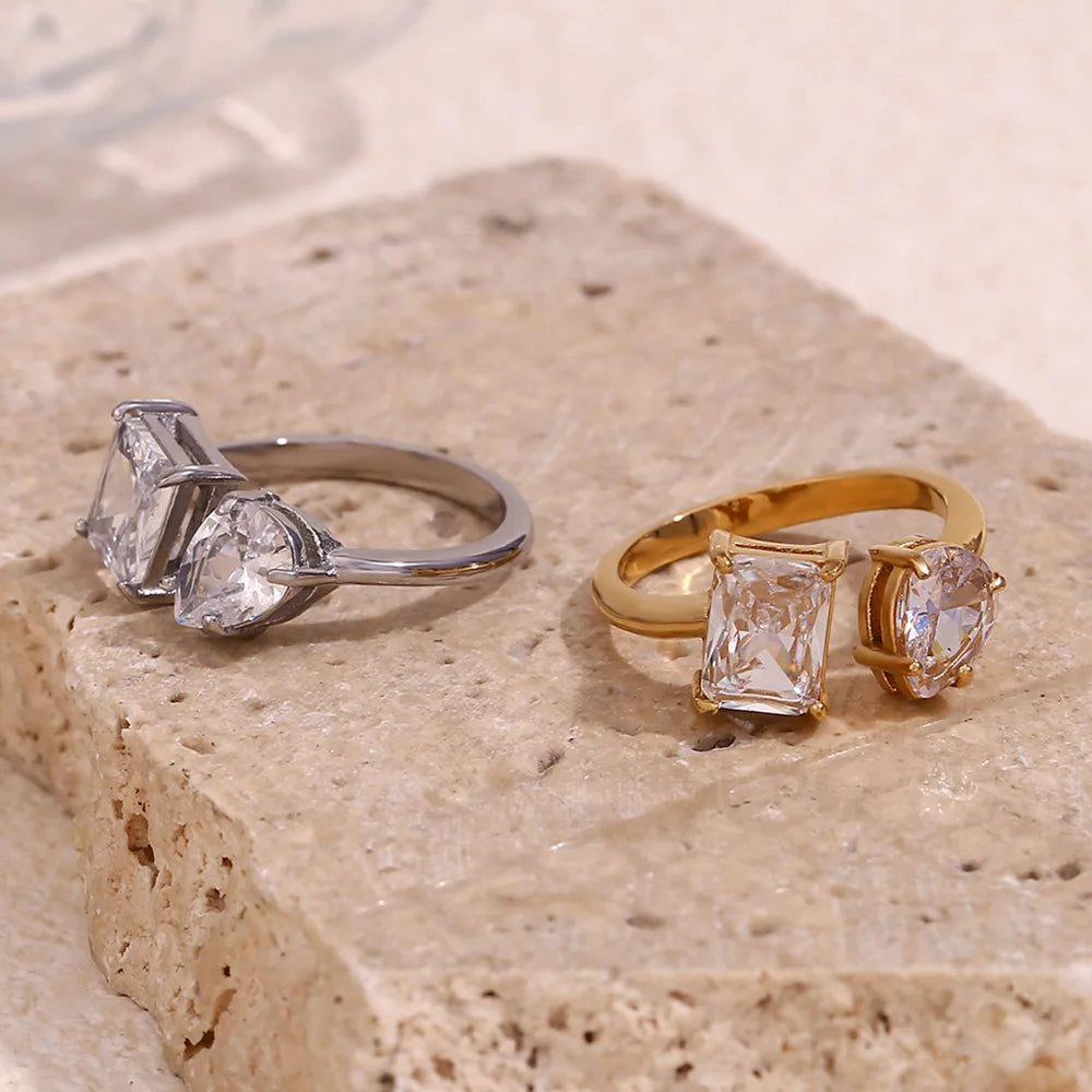 Hot Sell Gold Plated Stainless Steel Finger Rings Women Asymmetric Open Large Square Water Droplet Shaped Zircon Ring for Gifts