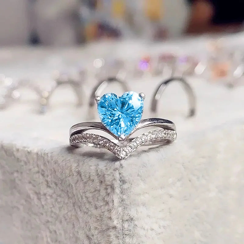 Heart-Shaped Blue Zircon Wedding Ring Valentine's Day Gift