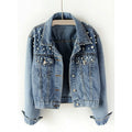 Custom Plus Size Women Beaded Jean Denim Jacket Diamond Long Sleeve Coat Schoolgirl Light Blue Loose Jacket Women's Jackets