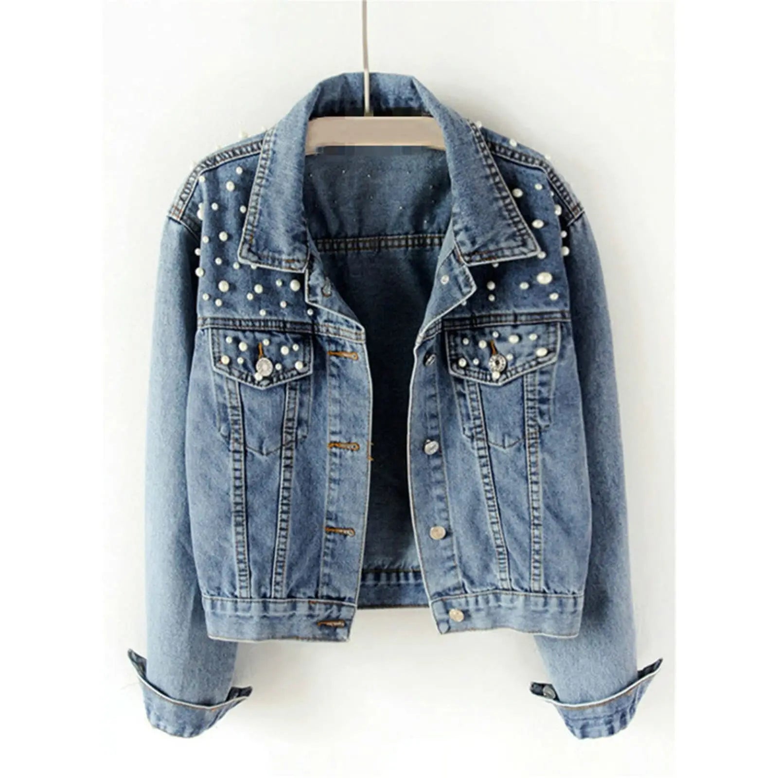 Custom Plus Size Women Beaded Jean Denim Jacket Diamond Long Sleeve Coat Schoolgirl Light Blue Loose Jacket Women's Jackets