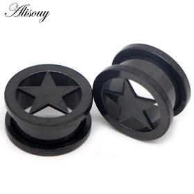 Alisouy 2PC 6-25mm Stainless Steel Anodized Screw on Hollow Star Tunnels Ear Plugs Earlets Expander Gauges Body Piercing Jewelry