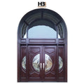 American Style Solid Wood Exterior Front Door Large Traditional Design Double Leaf Swing Open Arched Glass Top for Side Villas