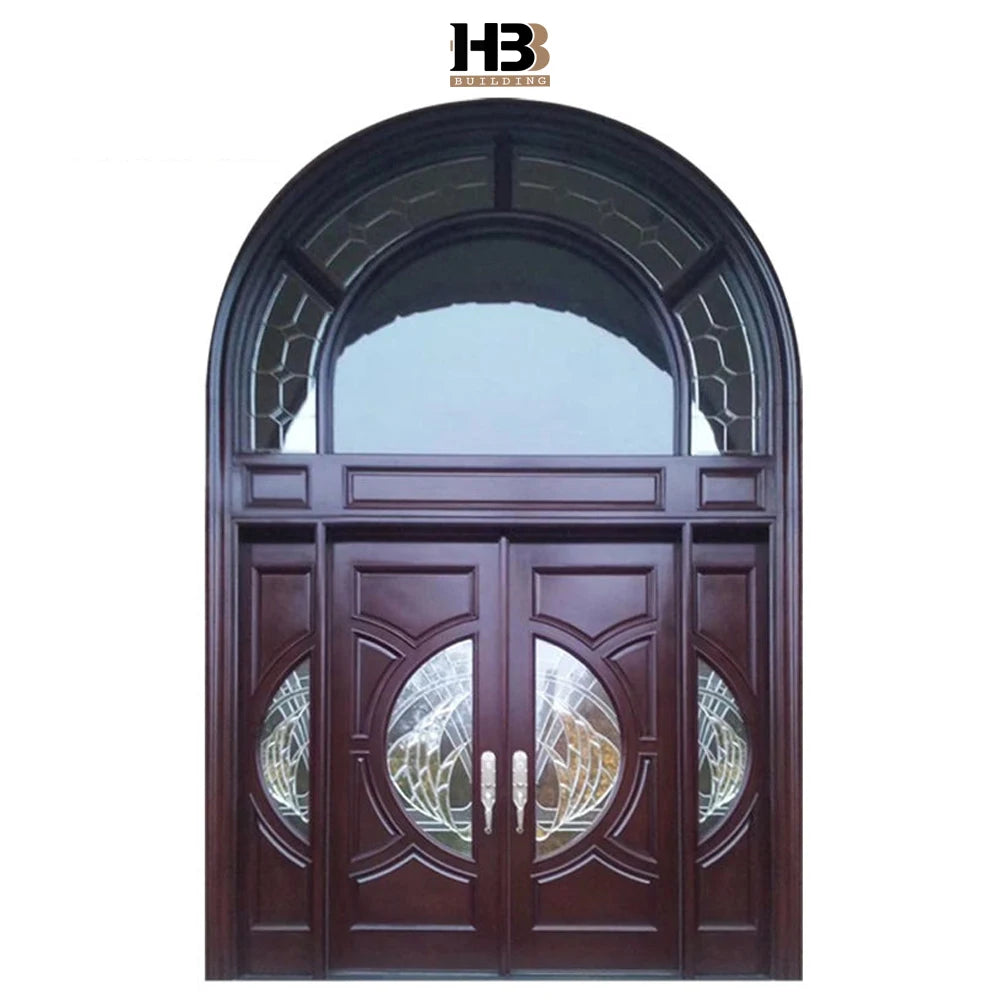 American Style Solid Wood Exterior Front Door Large Traditional Design Double Leaf Swing Open Arched Glass Top for Side Villas