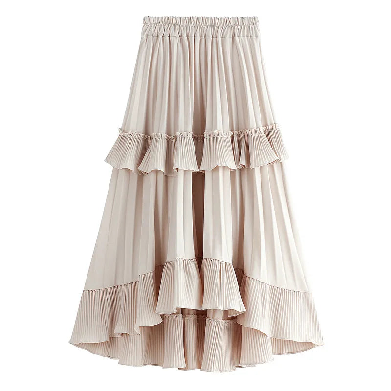 2025 New Style Guangzhou Auyan High-Waisted A-Line Pleated Skirt Vintage Chiffon Cake Skirt with Short Front Long Back Ruffles