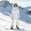 AQTQ Fashion Slim Fit Plus Size Snow Ski Wear Fur Hood White Waterproof One Piece Warm Winter Ski Jumpsuit Women