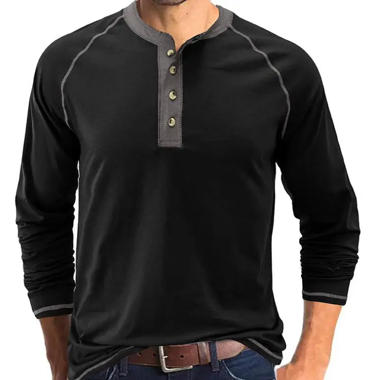 Men's Long-Sleeved Henley Neck T-shirt Wholesale Price Bottoming Shirts Tops US Size S-2XL