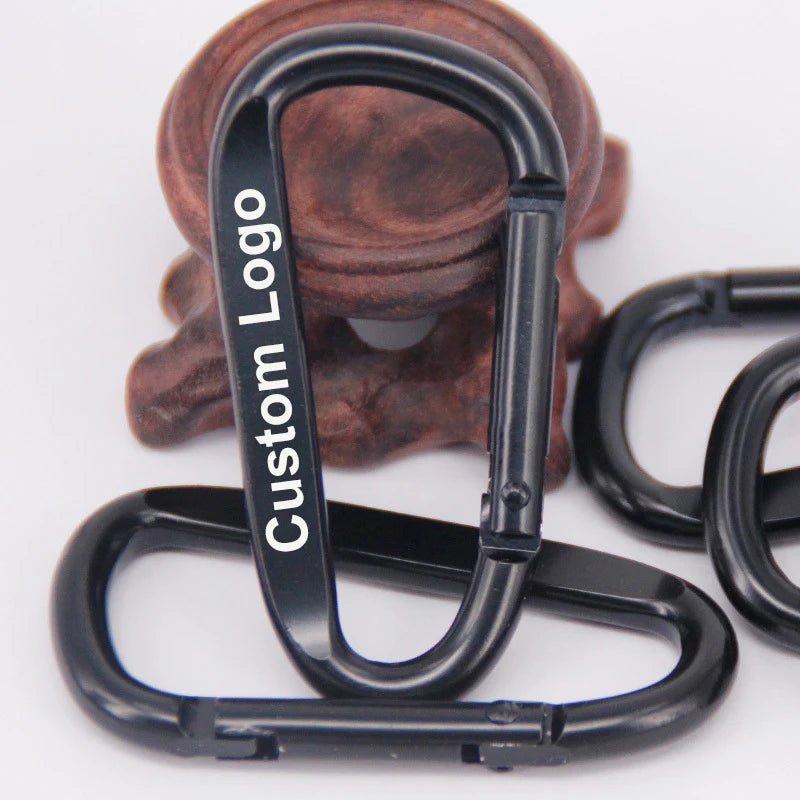 Wholesale Electrolytic Treatment Black Aluminum Metal Custom Logo D-Ring Flat Carabiner Clips with OEM Engraved Keychain