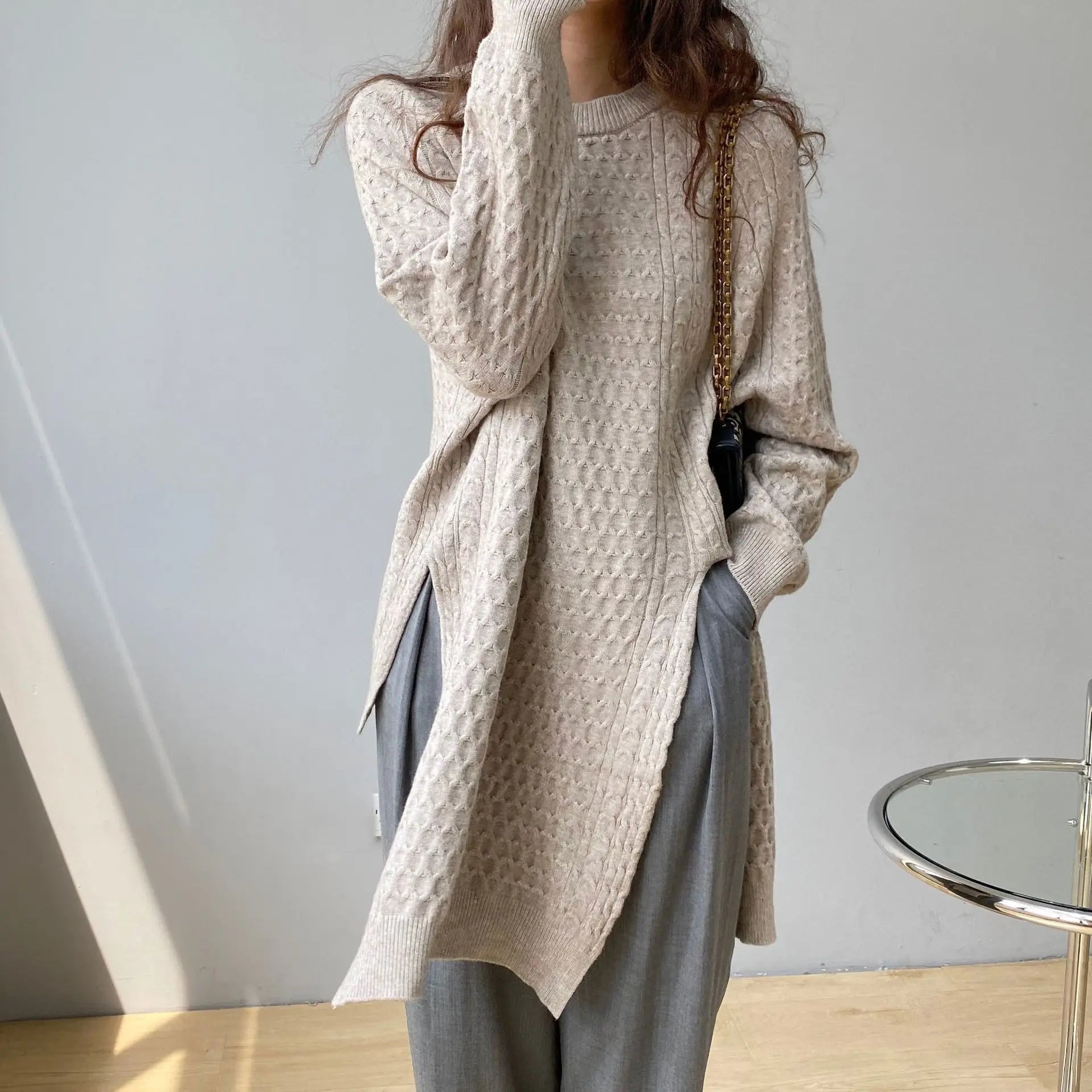 Korean Fried Dough Twist Irregular Split Sweater Autumn Asymmetrical Solid Round Neck Thick Sweater