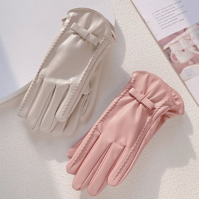 Fashion Girls Touch Screen Driving Faux Leather Outdoor Thermal Pink Women PU Leather Gloves
