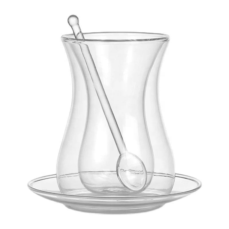 Turkish Style Double Wall Glass Espresso Coffee Cup and Saucer with Stirring Glass Spoon Heat Resistant Glass Coffee Set