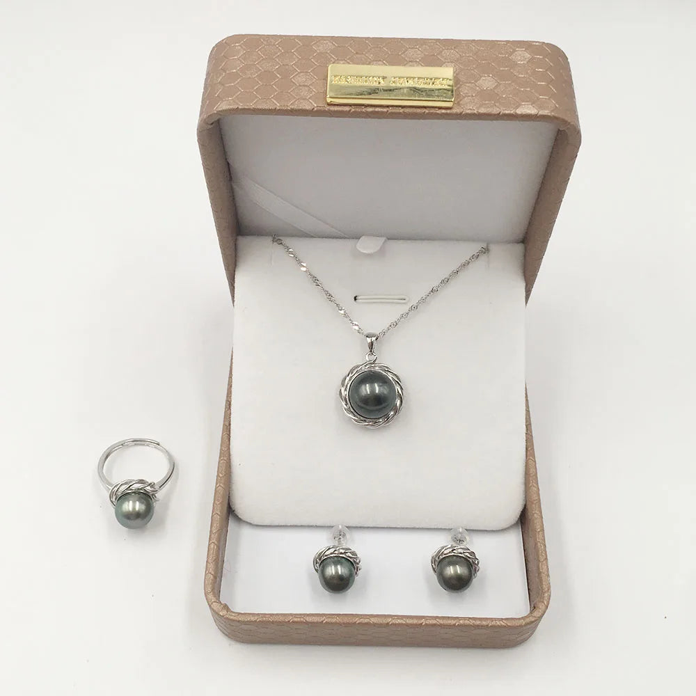 High Quality Top Fashion Nature Tahiti Sea Salt Pearl Jewelry Set With 925 Silver in Gold Color.nature Black Pearl Color MegaBDM