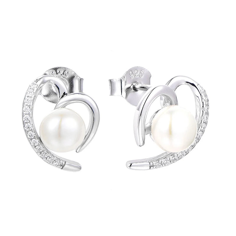 LULUFOCUS Heart Zircon Sterling 925 Stud Earrings Silver Freshwater Pearl Mounting Earrings