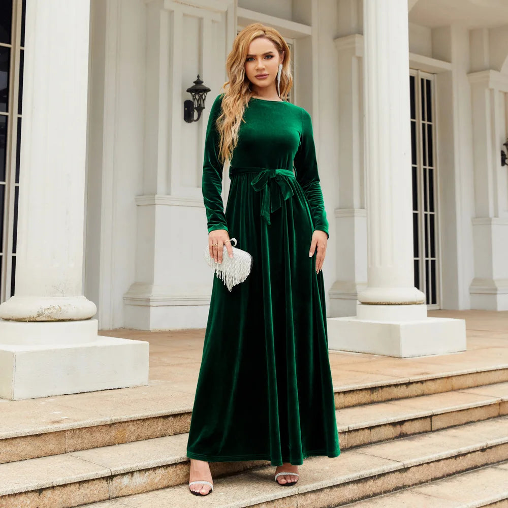 Europe America Women's Elegant Long Sleeve Dress for Autumn Winter Velvet Solid Color O-Neck Dress Natural Waistline Breathable