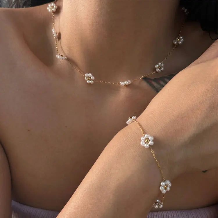 New Fashion 18K Gold Plated Stainless Steel Necklace Women Girls Chic Style Pearl Beaded Flower Choker Necklace Bracelet Anklet