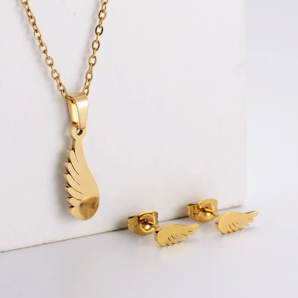 Gold Plated Feather Shape 316l Steel Jewelry Sets Glossy Craft Korean Jewelry Set Waterproof Stainless Steel for Kids