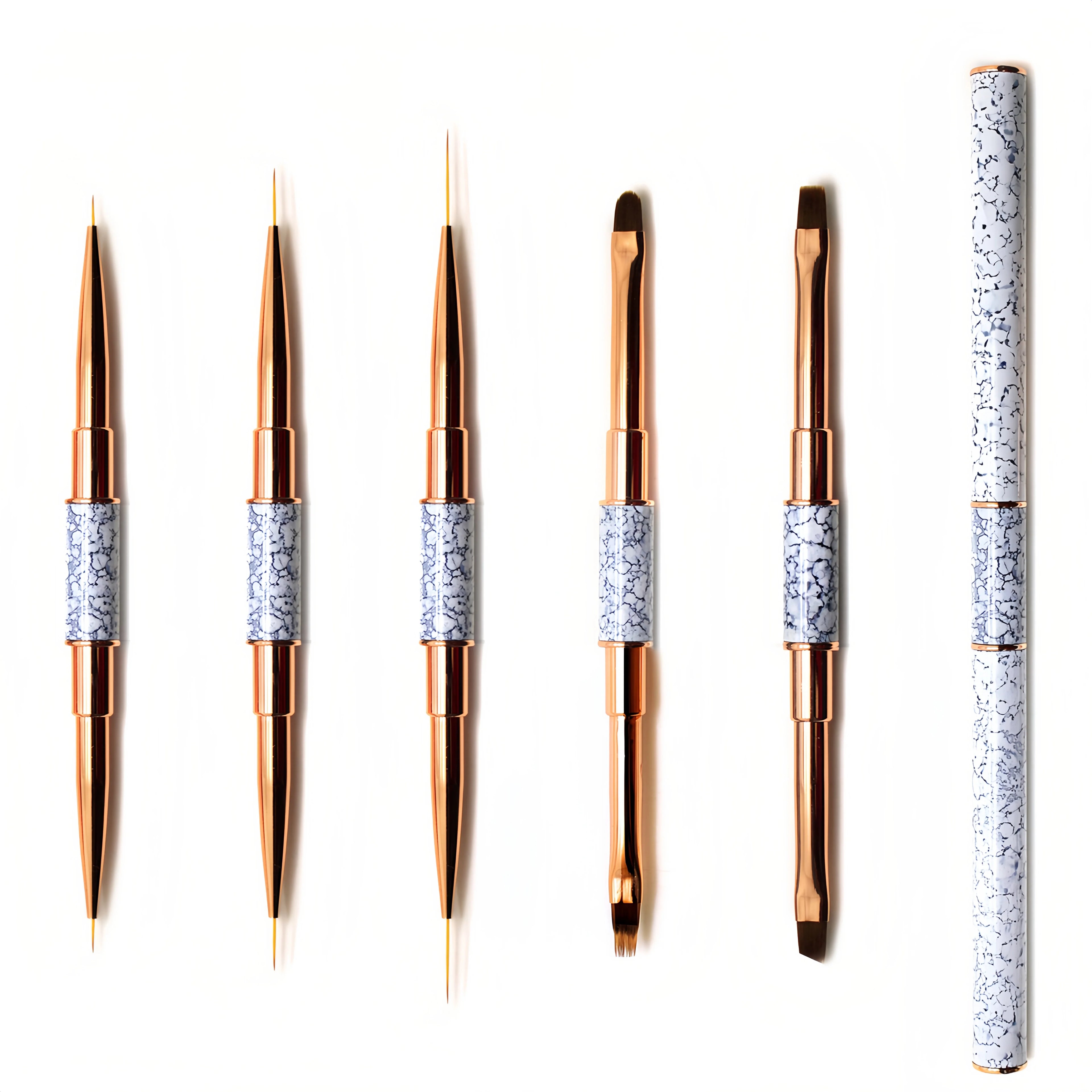 Dual Ended Premium Nylon Gel Liner Oval Flat Oblique Ombre Brush Rose Gold Marble Handle Custom Nail Art Durable Easy Use