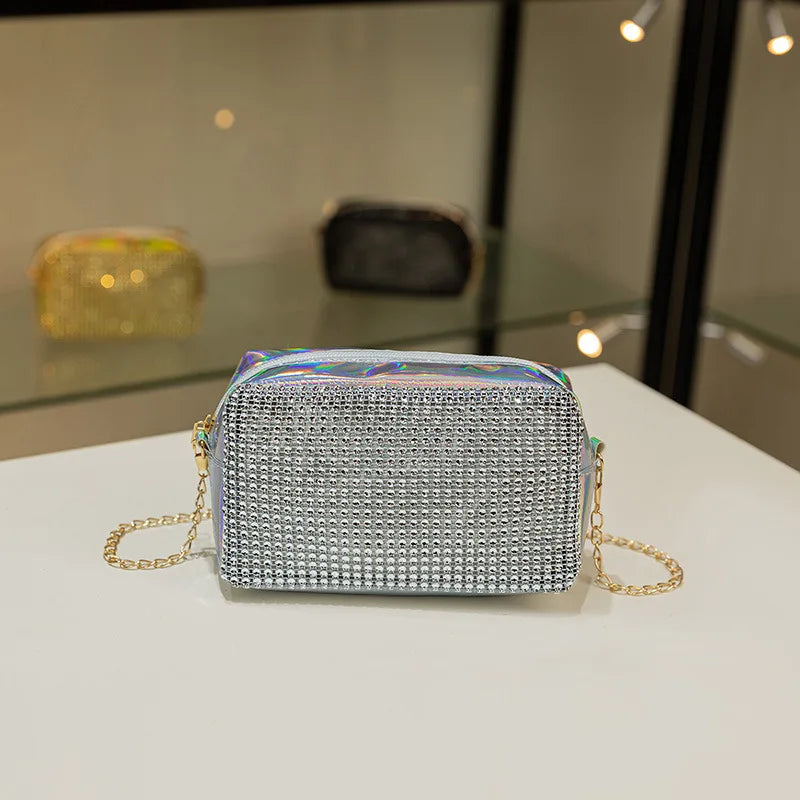 New Shiny Simple Chain Small Square Purse Women'S Shoulder Diamond Mini Luxury Hand Bags