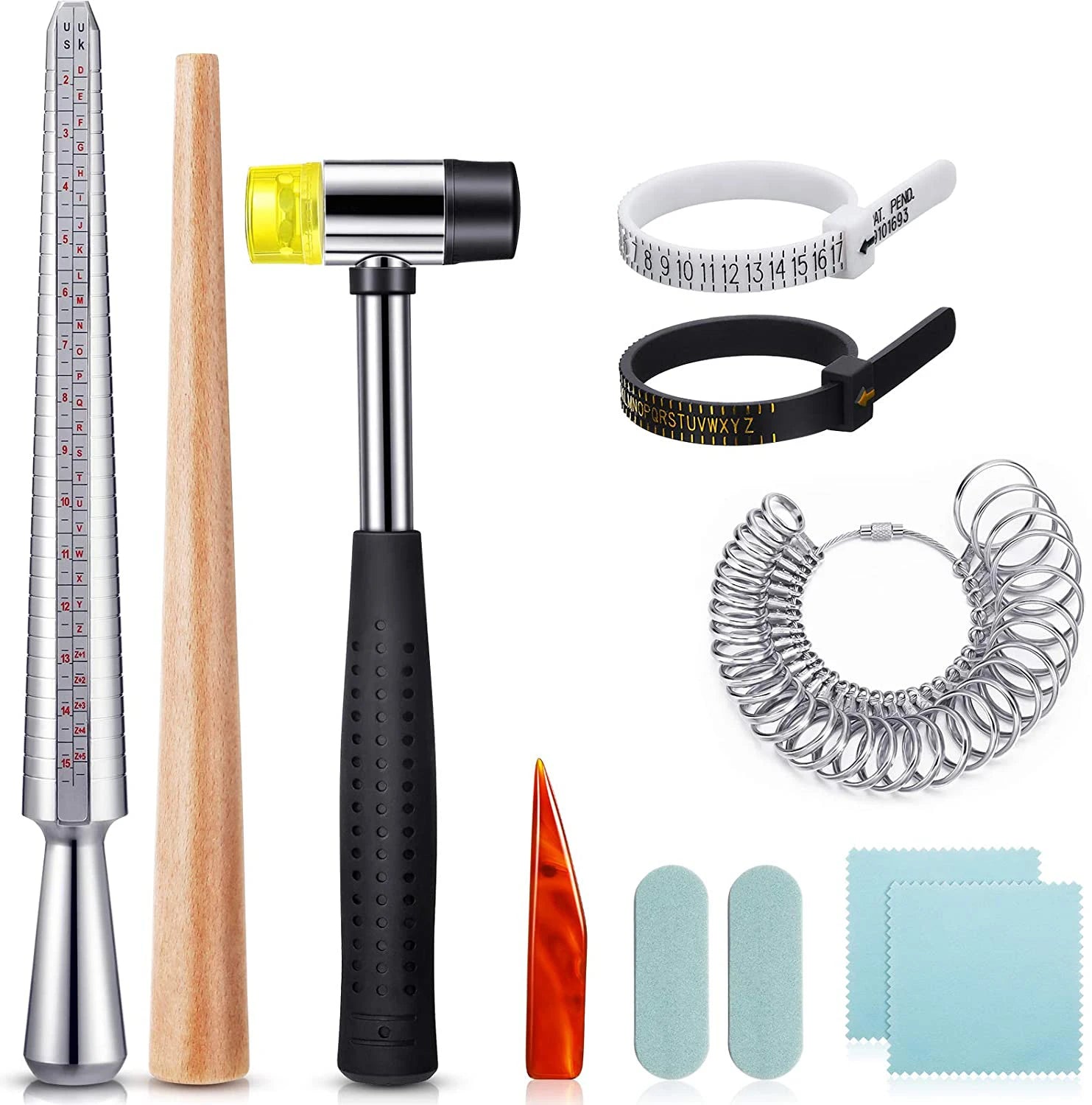 11 Pieces of American and British Ring Mandrel Sets Size 1-13 with Half Ring Size Measuring Instrument Jewelry Hammer