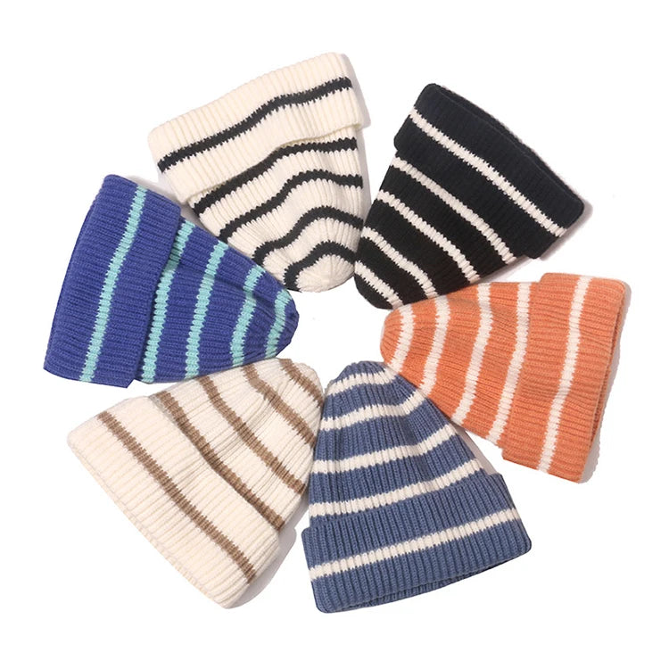 Striped Color Knitted Sports Beanie Warm Soft Knit Hat Jacquard Beanie