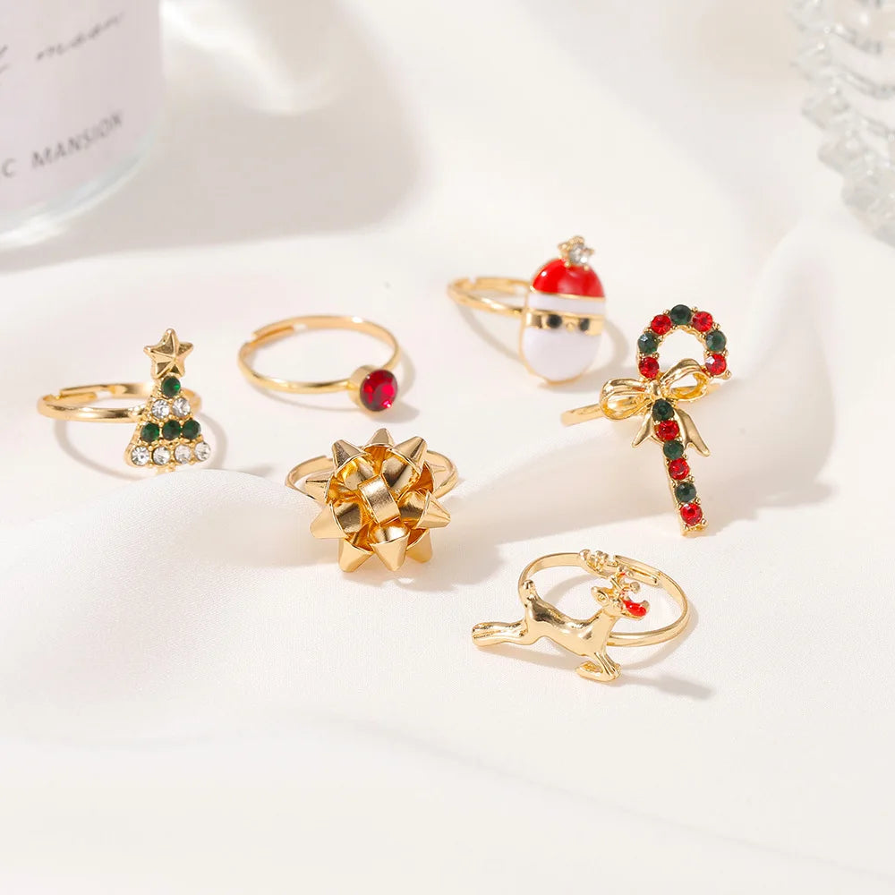 Christmas Ornaments Cute Cartoon Elk Christmas Tree Ring 6-piece Set Oil Drop Opening Adjustable Ring Bracelet