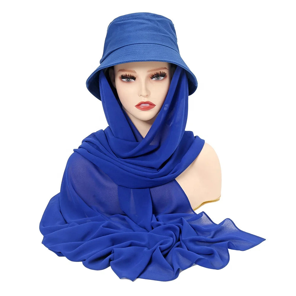 MIO Solid Color Fisherman's Hat With Chiffon Scarf Fashion Accessories Set for Women Monochrome Sunshade Protect