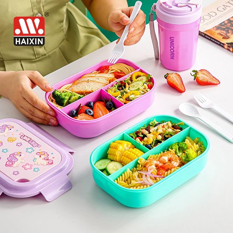 Haixin 1100ml Reusable Three Compartments Kids Plastic Cartoon Food Storage Bento Tiffin Lunch Box With Cutlery Without Bottle