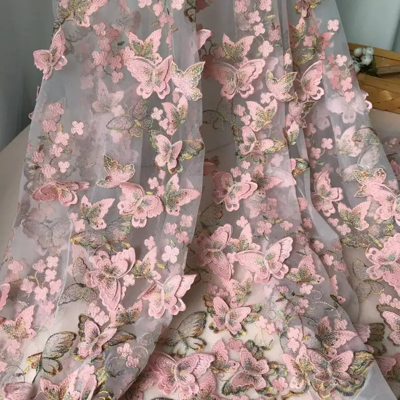 High-End 3D Pink Butterfly Applique Lace Fabric Embroidery Net Fabric