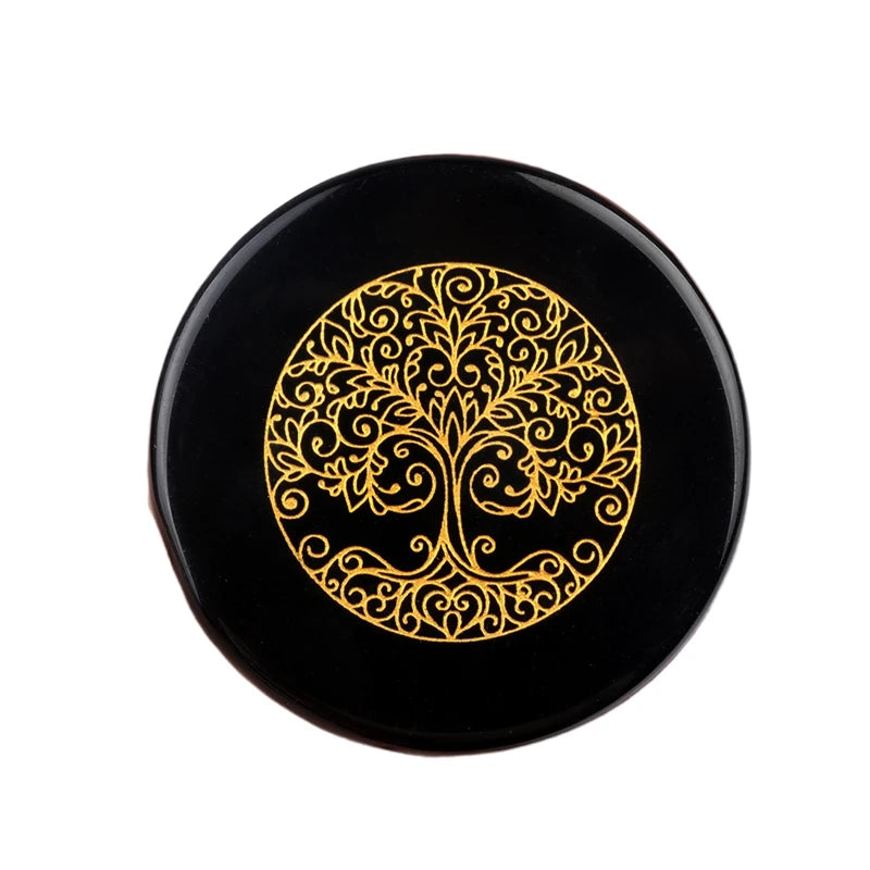 New Design Polished 55MM Natural Obsidian Chakra Gemstone Creative Disc Hand Carved Life Tree Symbol Crystal Energy Stone