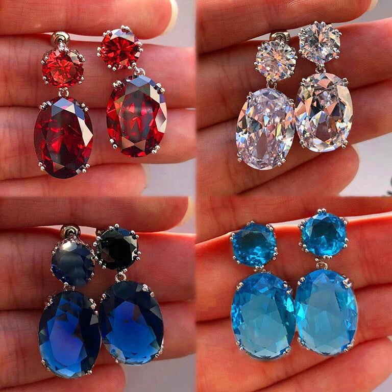 Huitan Shiny Big Oval Colorful Gemstone Zircon Cubic Dangle Earrings Girls Lady Romantic Silver Oval Women Pendant Earrings