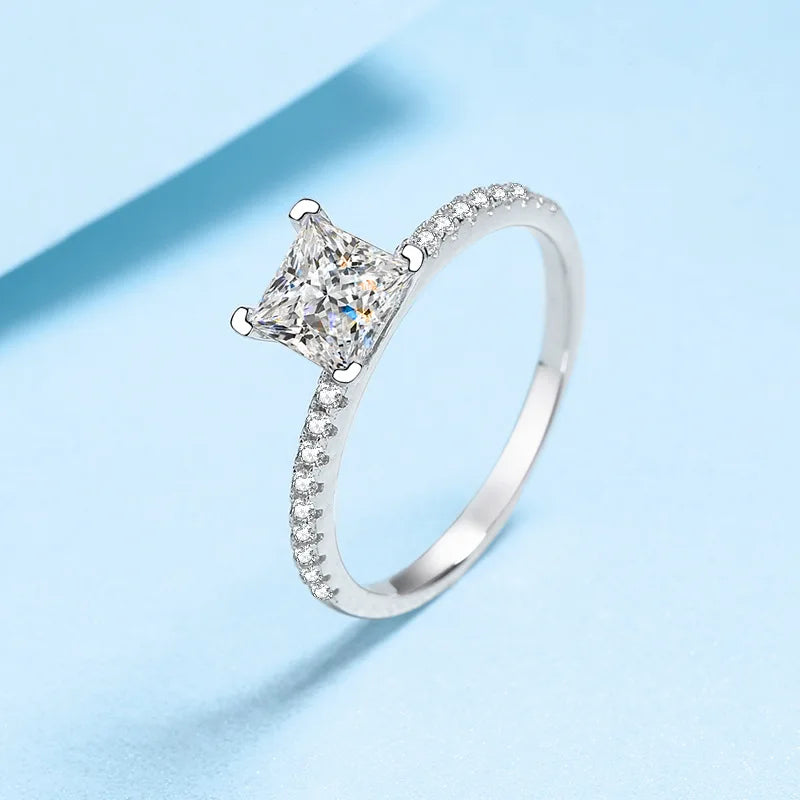 Silver 925 Original 1 Carat Diamond Test Past Princess Cut D Color Square Moissanite Ring Gemstone Wedding Jewelry