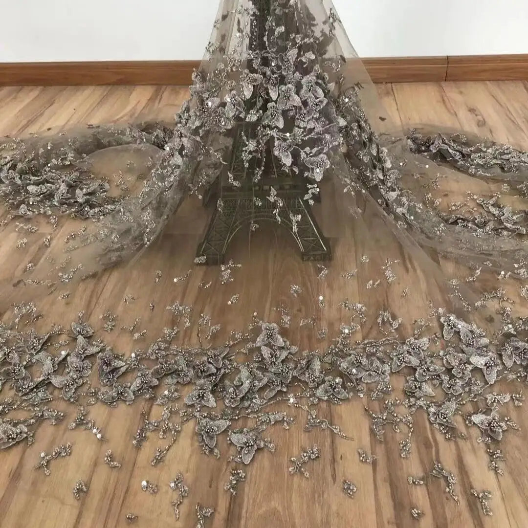 Handmade Beads Lace Vintage Butterfly Embroidery Eco-Friendly Sequins 100% Polyester Fabric Garment Dress HY0244 Wedding Party