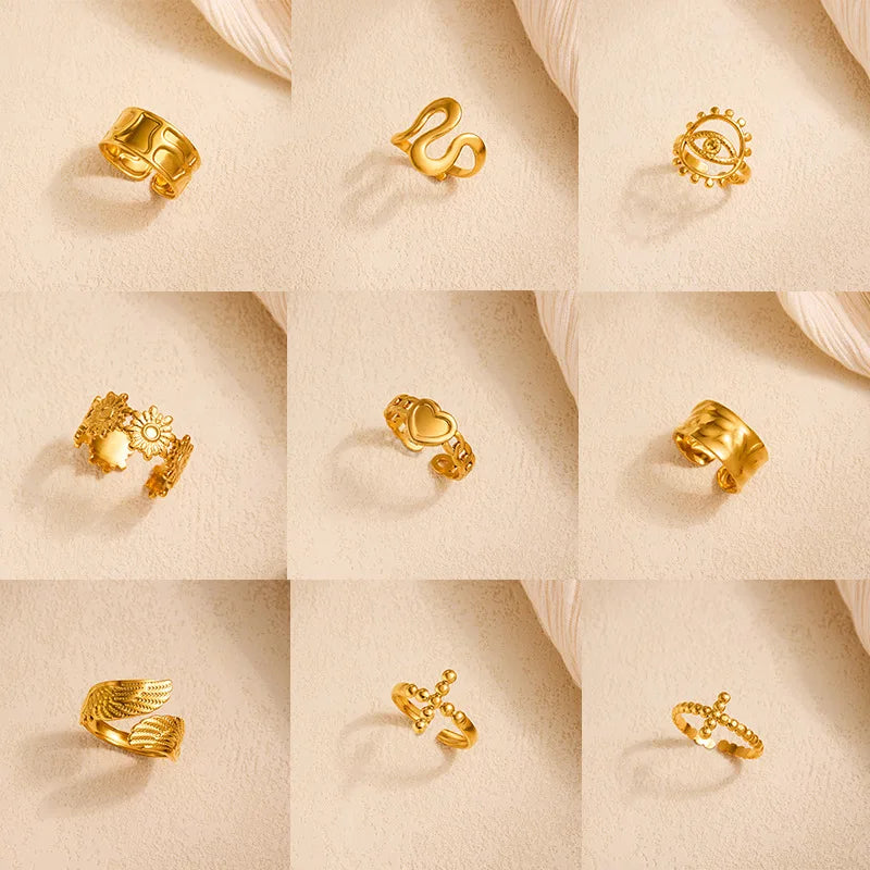SC New Style Trendy Geometric Gold Silver Open Rings Stylish Leaf Flower Snake Rings Vintage Devil Eye Cross Heart Rings