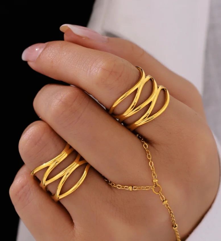New Opening Large Ring Band 18k Gold Plated Stainless Steel Jewelry Hollow Out Three Layer Opening Texture Rings for Women