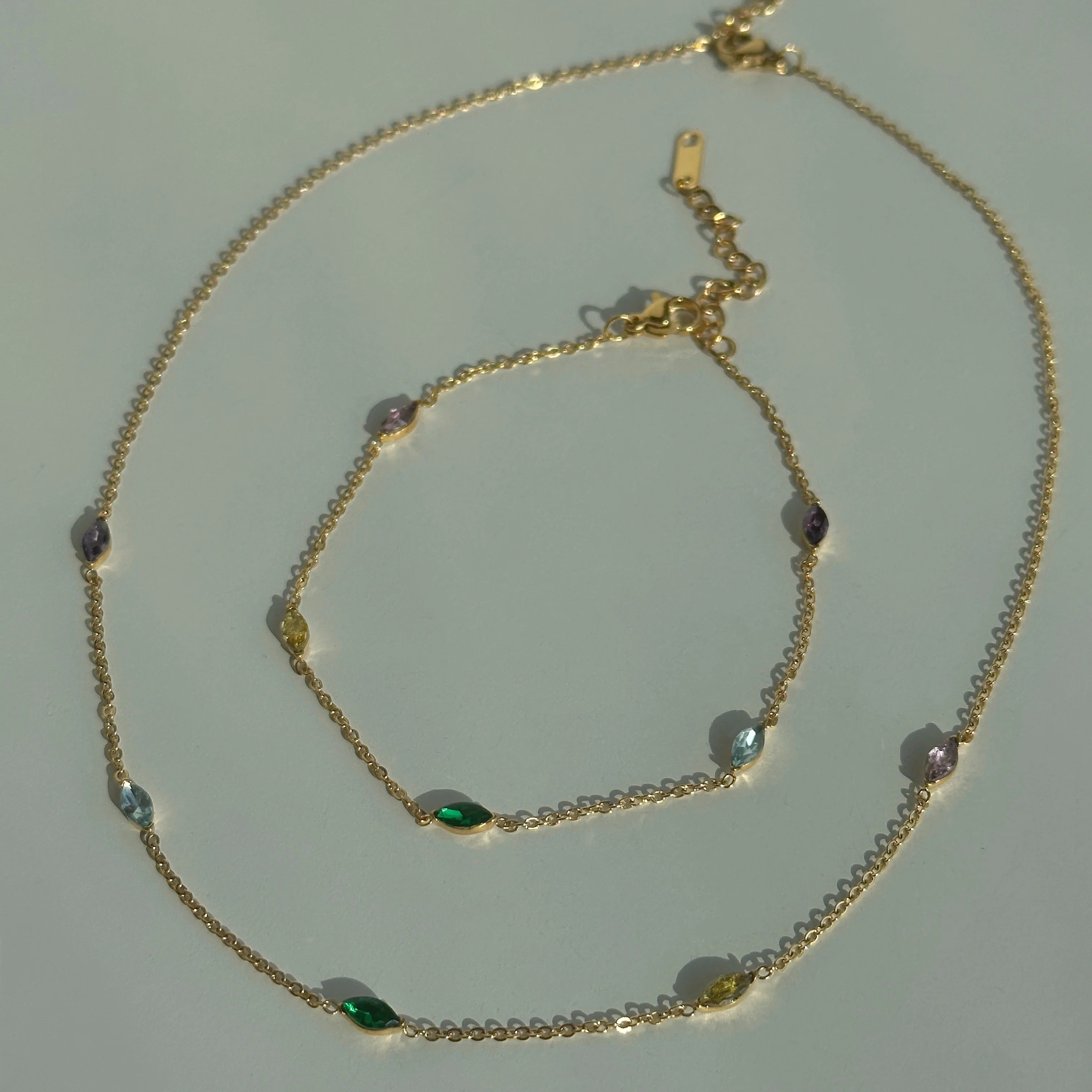 2023 Dazan New 18k Gold Plated Tarnish Free Stainless Steel Minimalist Horse Eye Colorful Zircon Necklace Anklet Jewelry Set